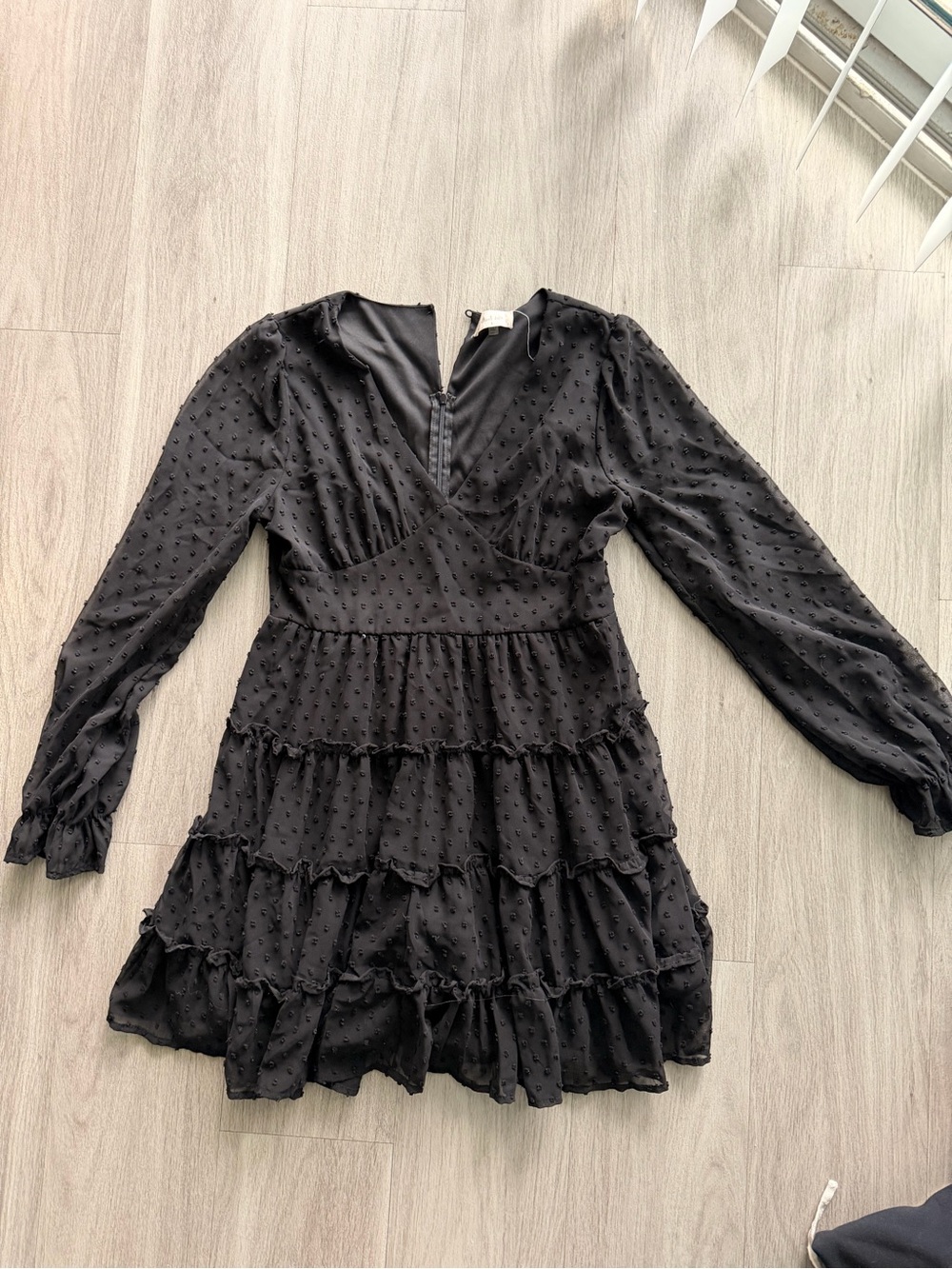 Altar'd State Black Textured Dot Tiered Long-Sleeve Dress